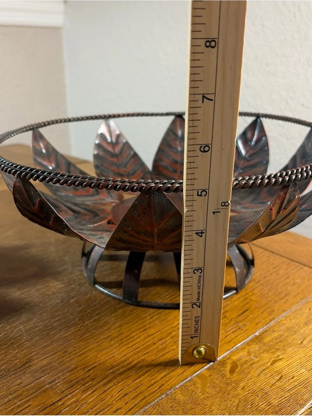 Metal Leaf Accent Fruit Bowl in Rustic Brown